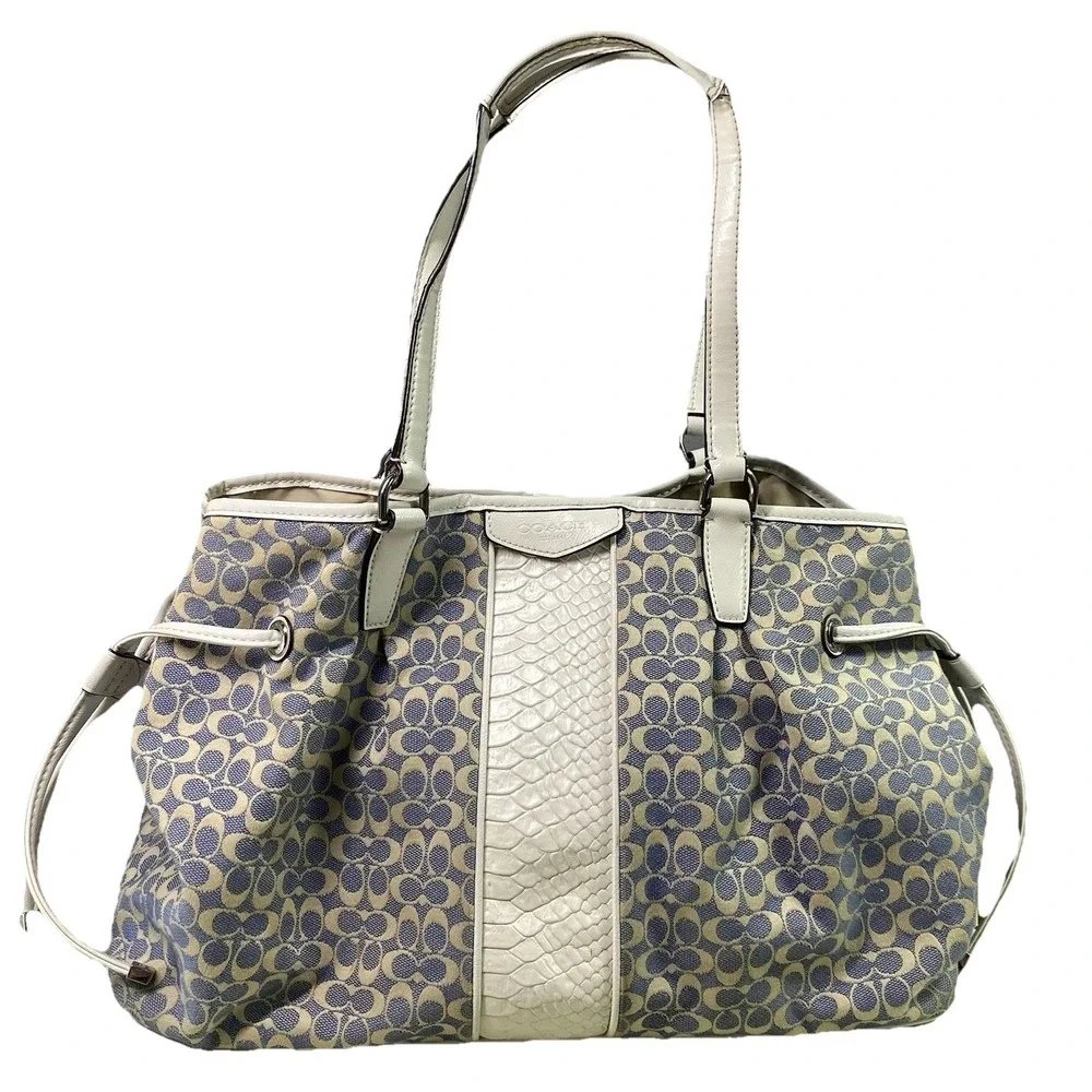 COACH‎ SIGNATURE Jacquard Drawstring Purse matching Wallet Blue&Cream See Straps
